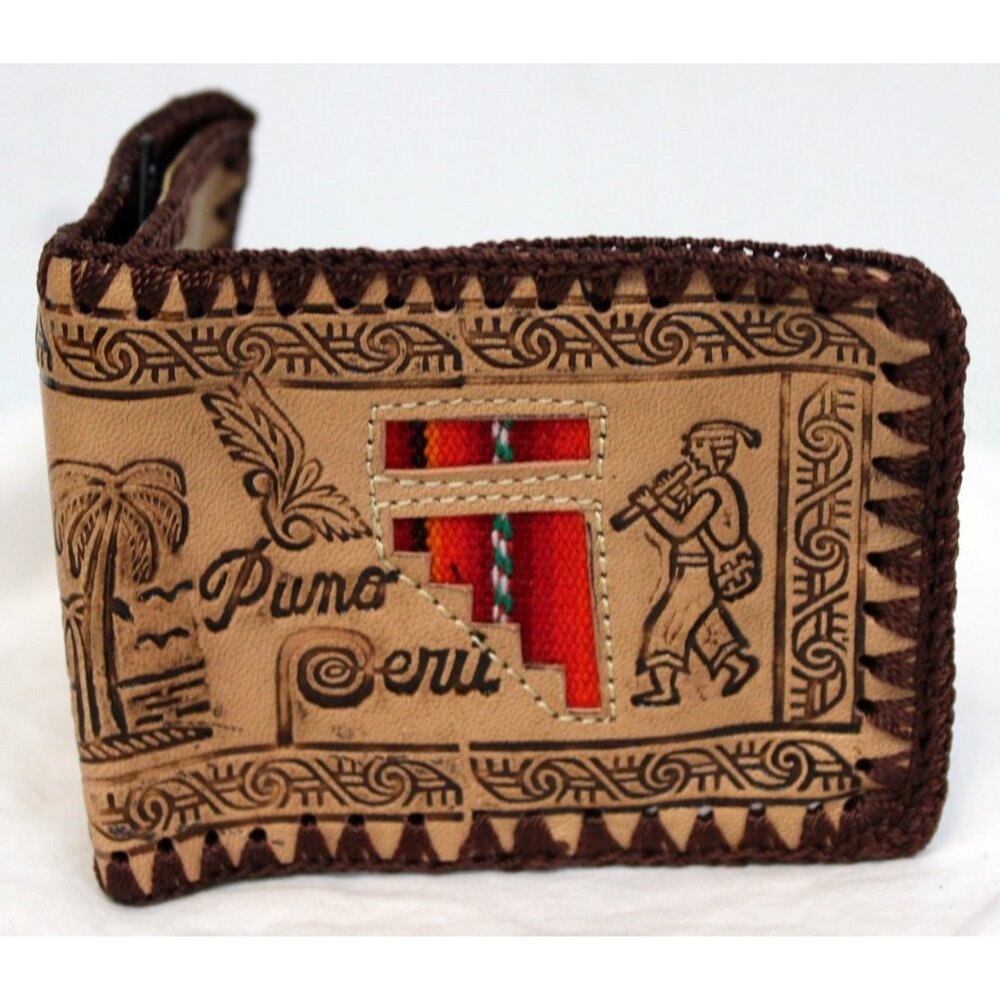 Peruvian Peru Folding Leather Wallet Tooled Llama Hand Stitched Men Teen Native